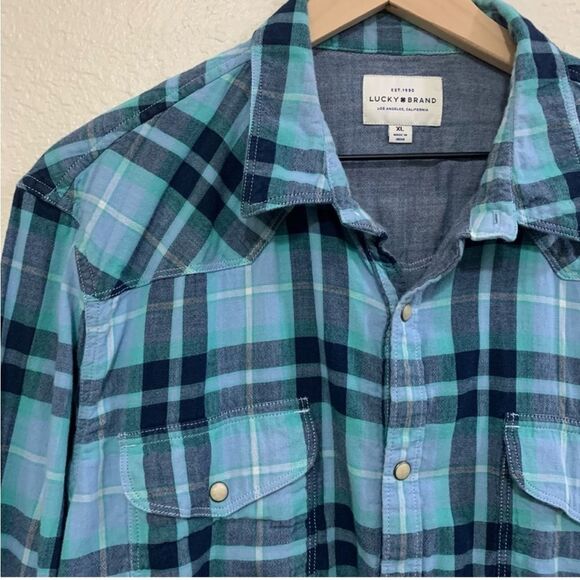 LUCKY BRAND SHIRT MENS XL BLUE AQUA PLAID FULLY LINED PEARL SNAP WESTERN. - Picture 2 of 12